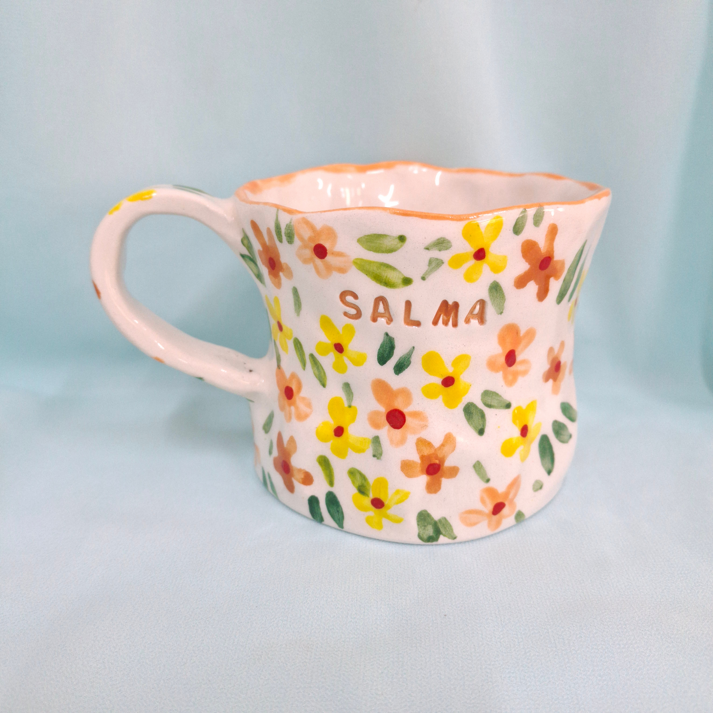 Handmade Pottery Mug . Customized Name . Orange & Yellow Flowers