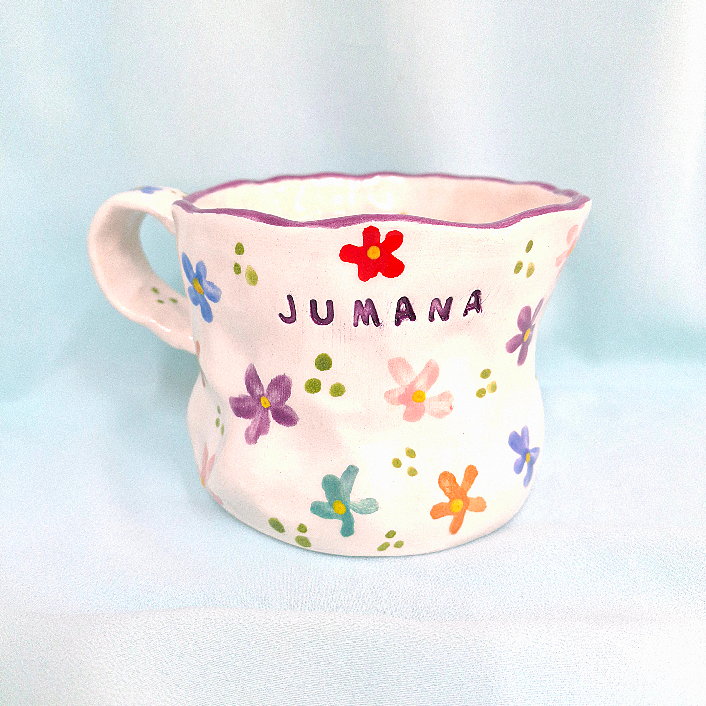 Handmade Pottery Mug . Customized Name . Colorful Flowers . T