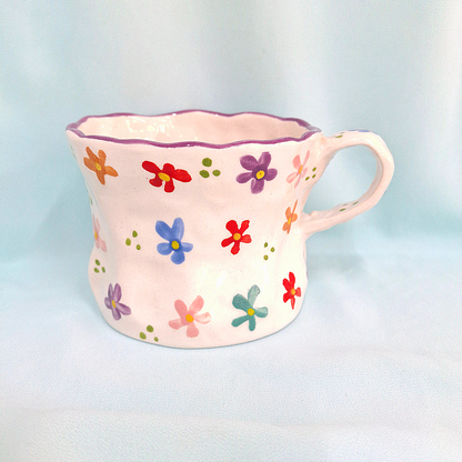 Handmade Pottery Mug . Customized Name . Colorful Flowers . T