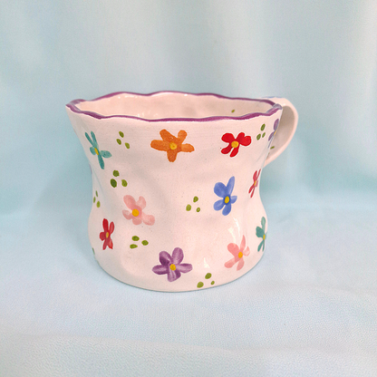 Handmade Pottery Mug . Customized Name . Colorful Flowers . T