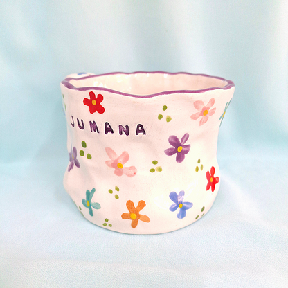 Handmade Pottery Mug . Customized Name . Colorful Flowers . T