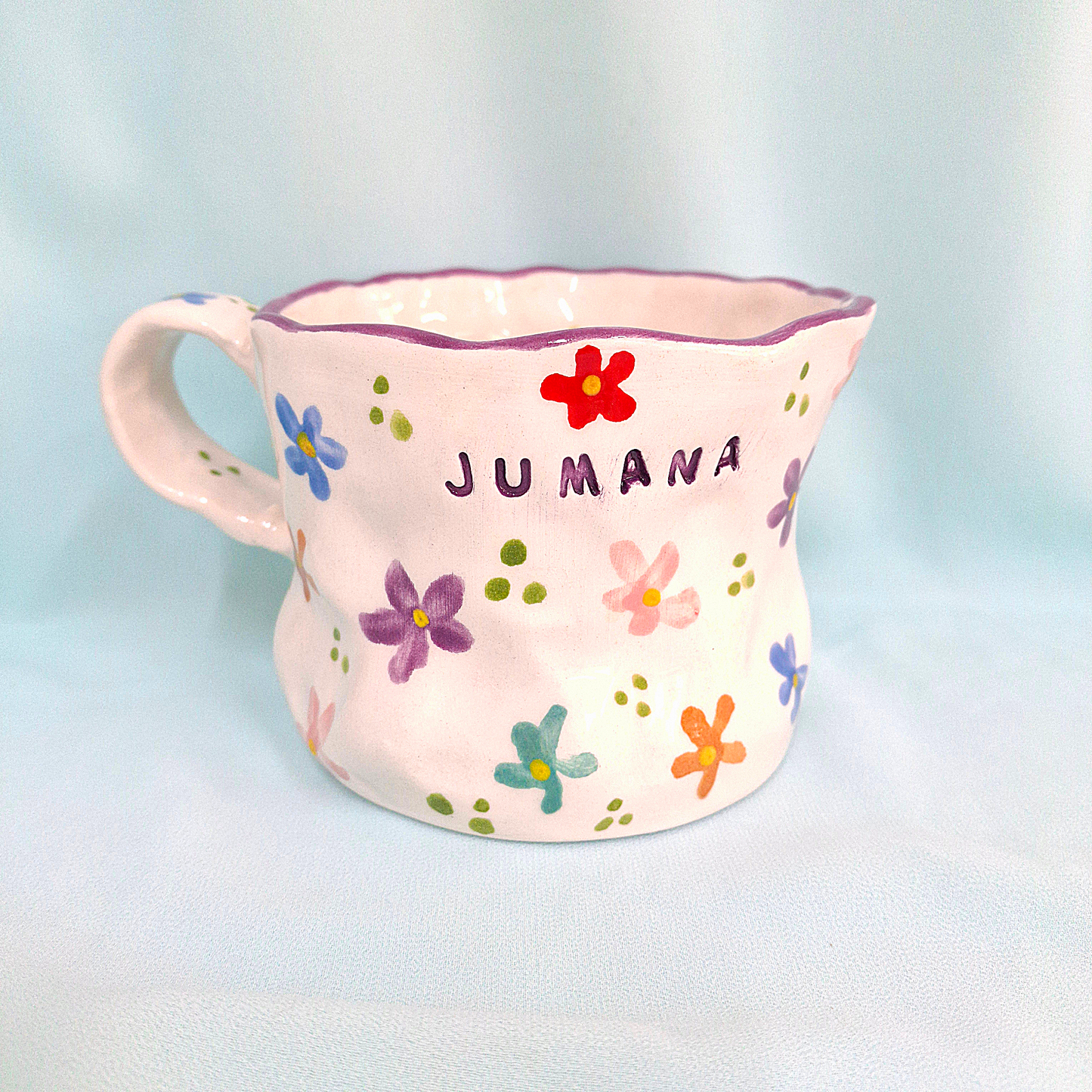 Handmade Pottery Mug . Customized Name . Colorful Flowers . T