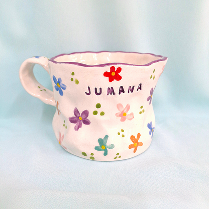 Handmade Pottery Mug . Customized Name . Colorful Flowers . T