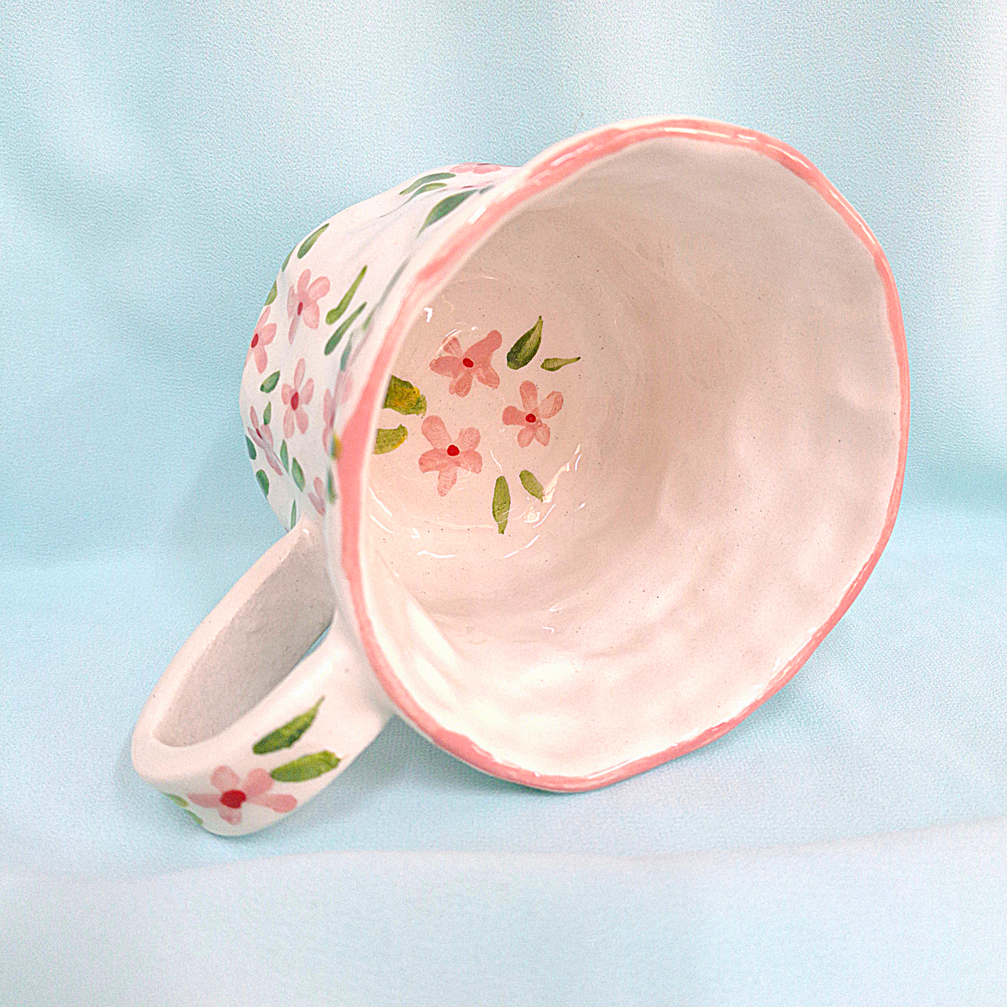 Handmade Pottery Mug . Customized Name . Pink Flowers