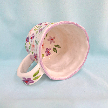 Handmade Pottery Mug . Customized Name. Purple & Pink Flowers