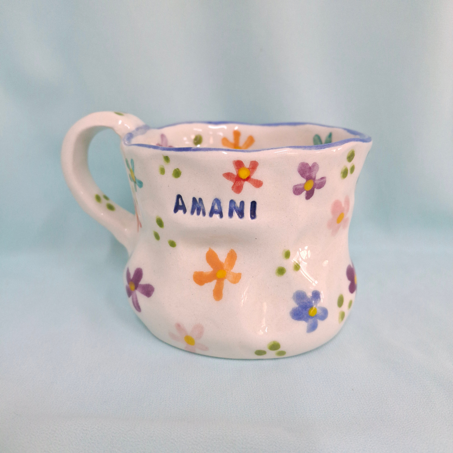 Handmade Pottery Mug . Customized Name . Colorful Flowers . B