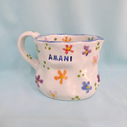 Handmade Pottery Mug . Customized Name . Colorful Flowers . B