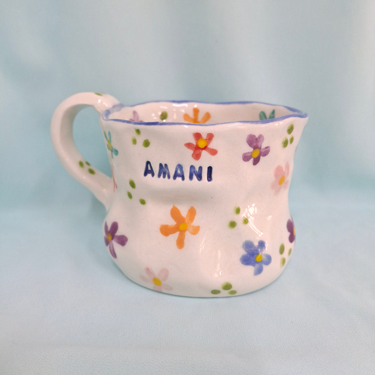 Handmade Pottery Mug . Customized Name . Colorful Flowers . B