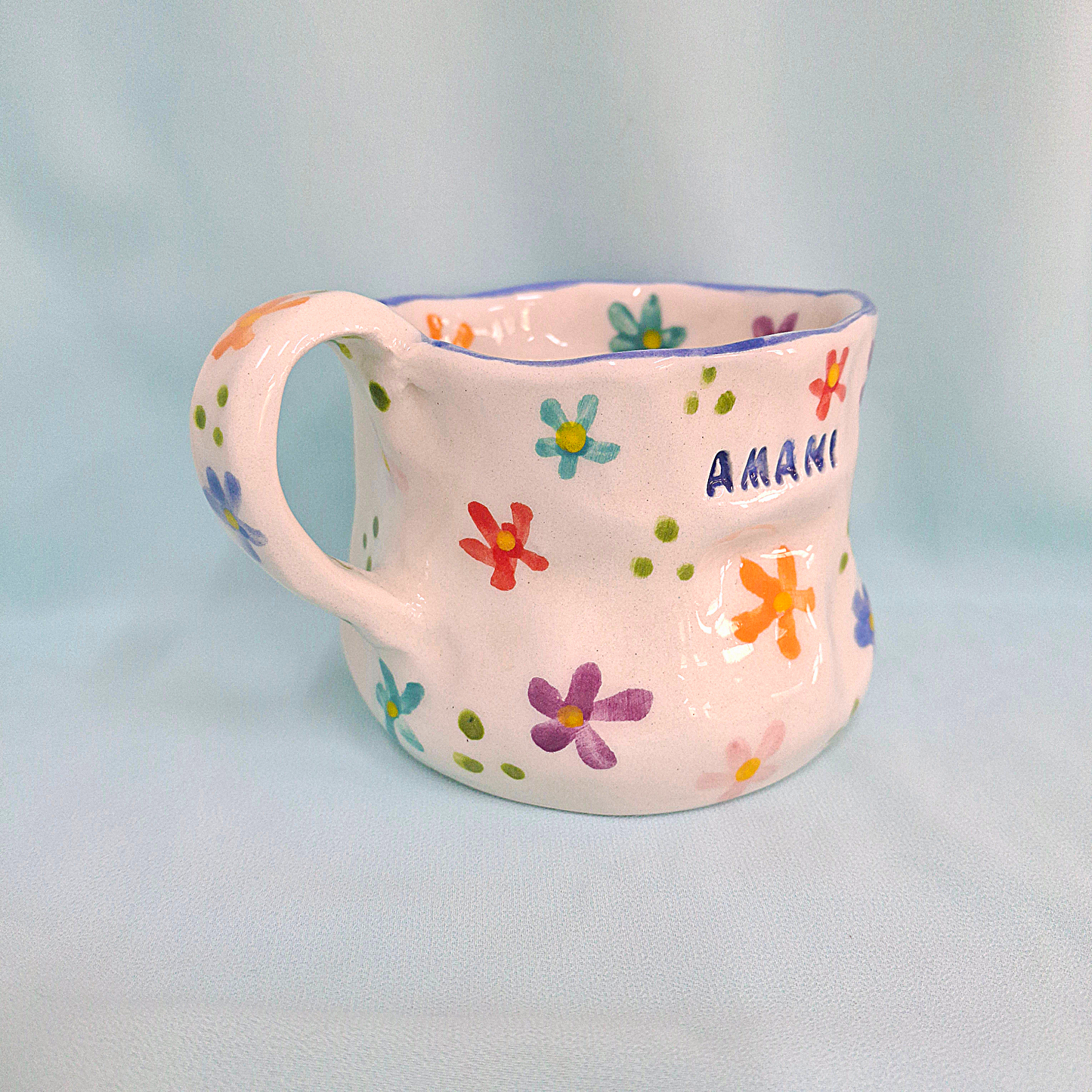 Handmade Pottery Mug . Customized Name . Colorful Flowers . B