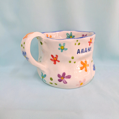 Handmade Pottery Mug . Customized Name . Colorful Flowers . B