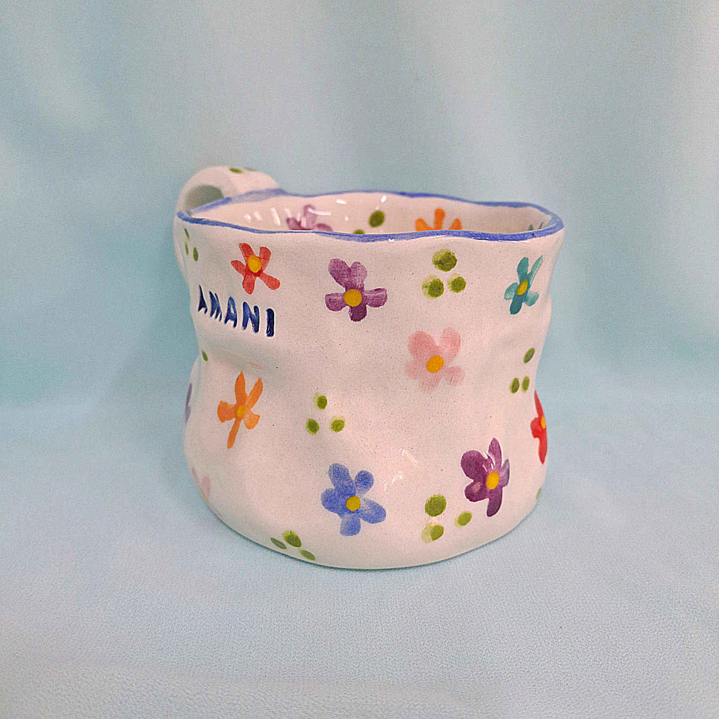 Handmade Pottery Mug . Customized Name . Colorful Flowers . B