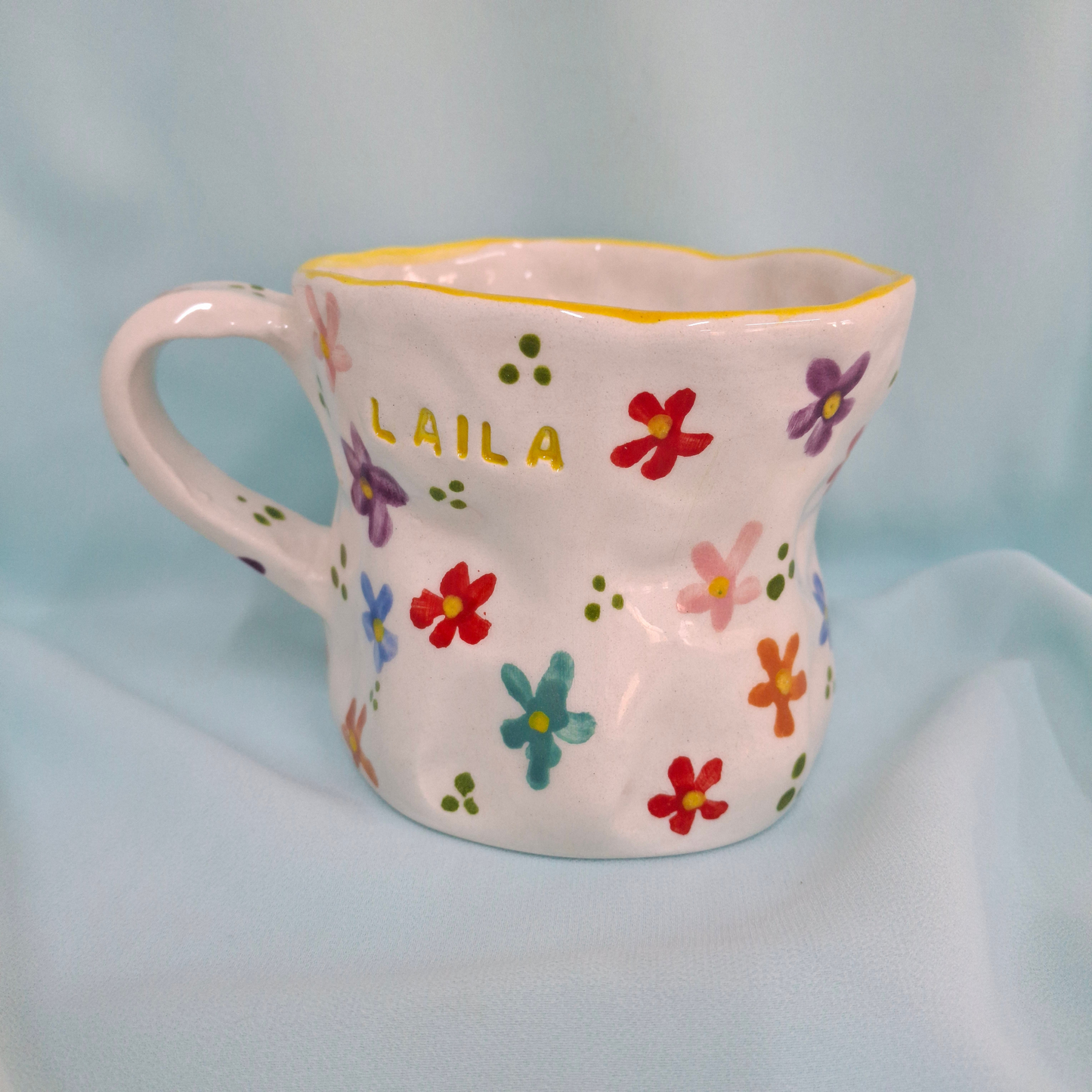Handmade Pottery Mug . Customized Name . Colorful Flowers