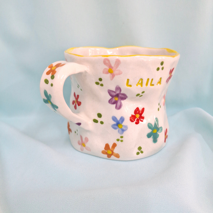 Handmade Pottery Mug . Customized Name . Colorful Flowers