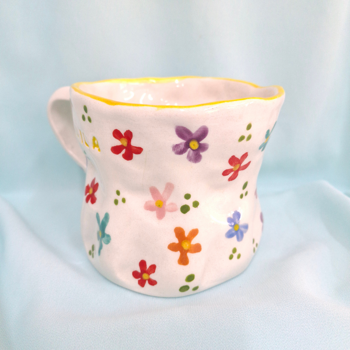 Handmade Pottery Mug . Customized Name . Colorful Flowers