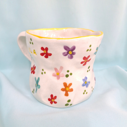 Handmade Pottery Mug . Customized Name . Colorful Flowers