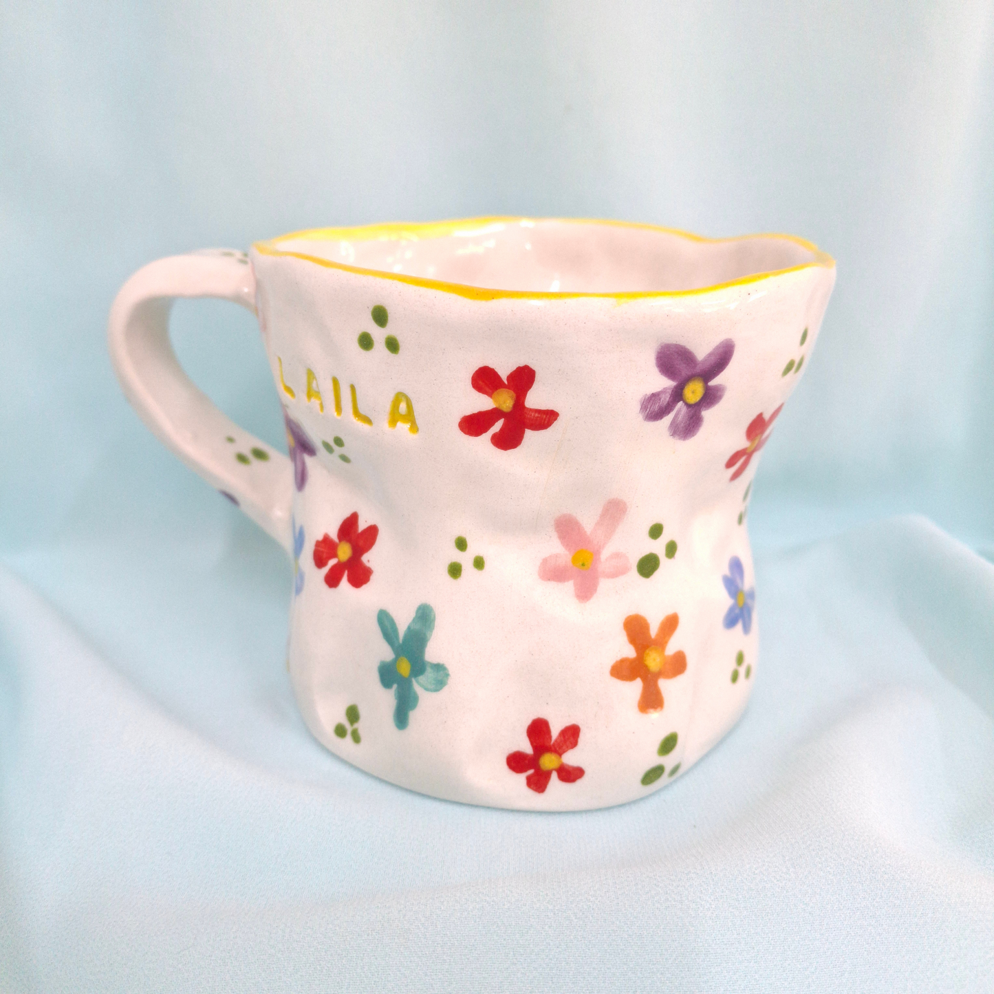 Handmade Pottery Mug . Customized Name . Colorful Flowers