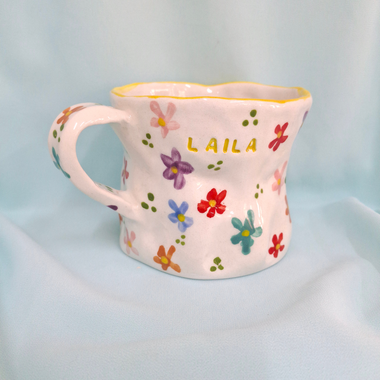 Handmade Pottery Mug . Customized Name . Colorful Flowers