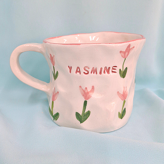 Handmade Pottery Mug . Customized Name . Pink Tulip