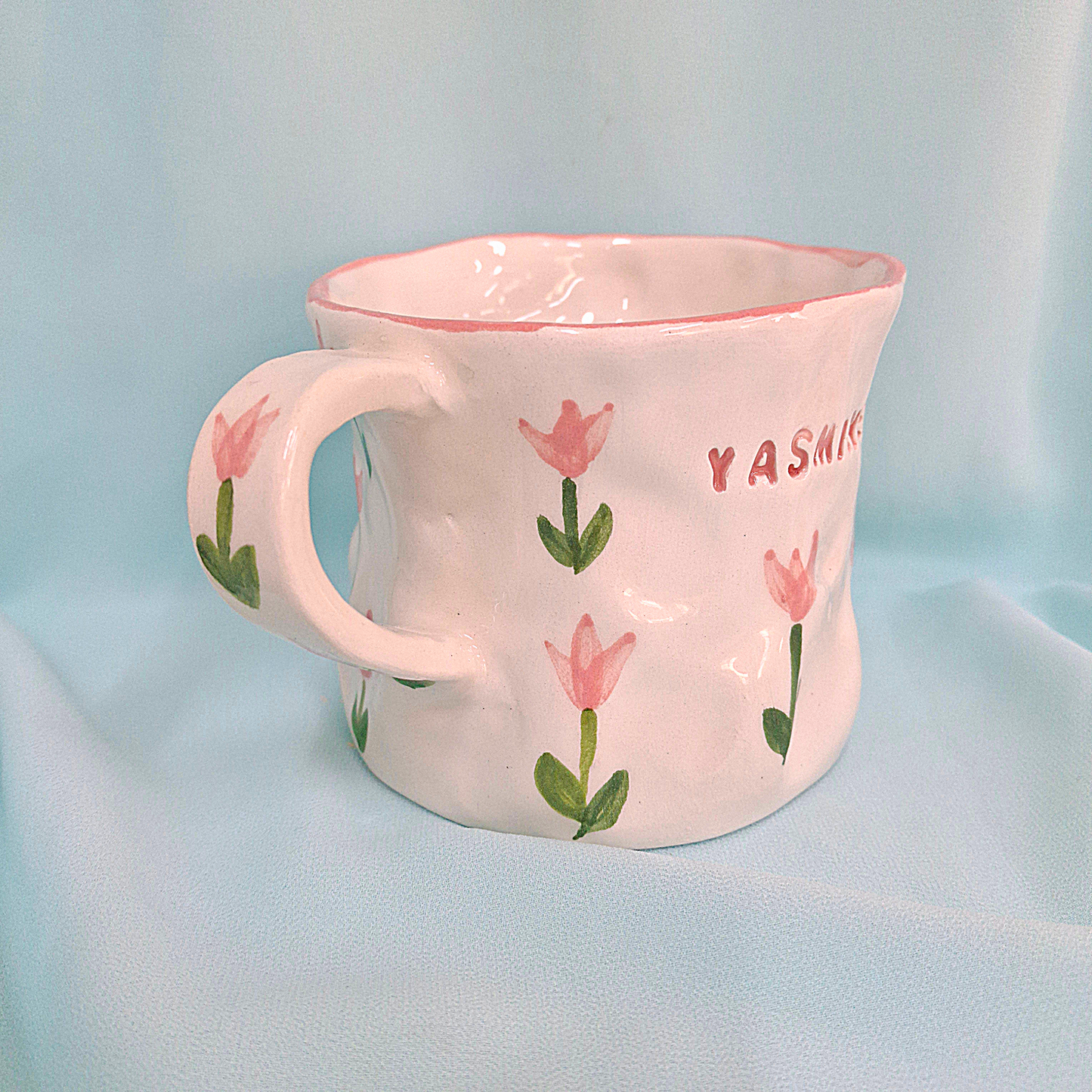 Handmade Pottery Mug . Customized Name . Pink Tulip