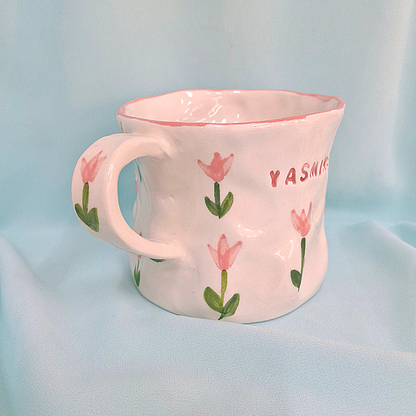 Handmade Pottery Mug . Customized Name . Pink Tulip