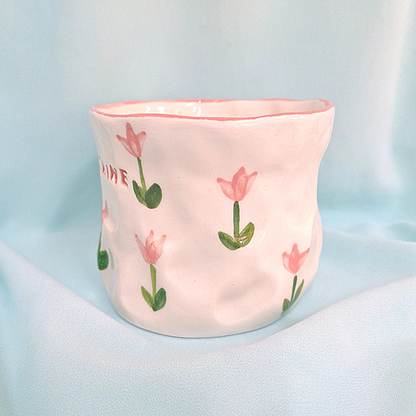 Handmade Pottery Mug . Customized Name . Pink Tulip