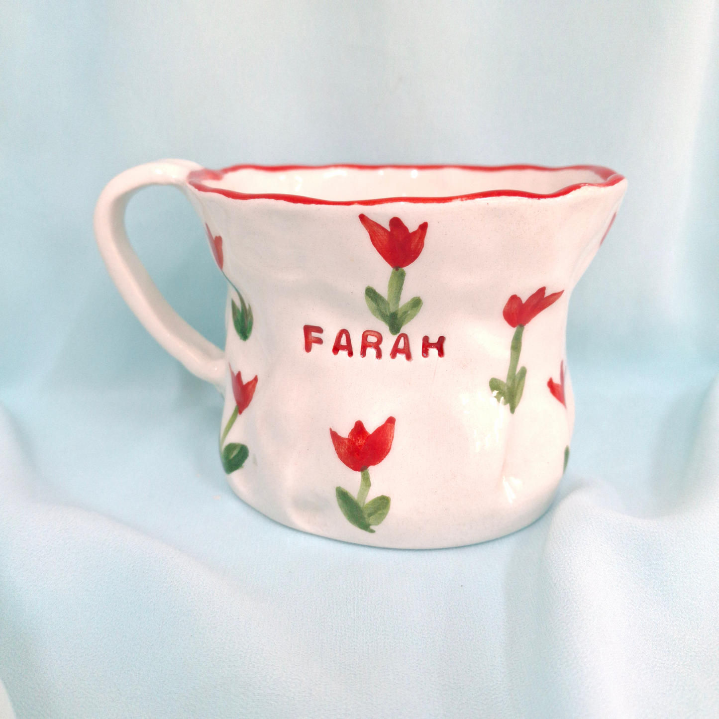 Handmade Pottery Mug . Customized Name . Red Tulip