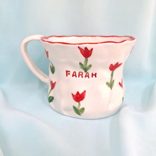 Handmade Pottery Mug . Customized Name . Red Tulip