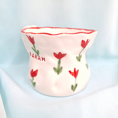 Handmade Pottery Mug . Customized Name . Red Tulip