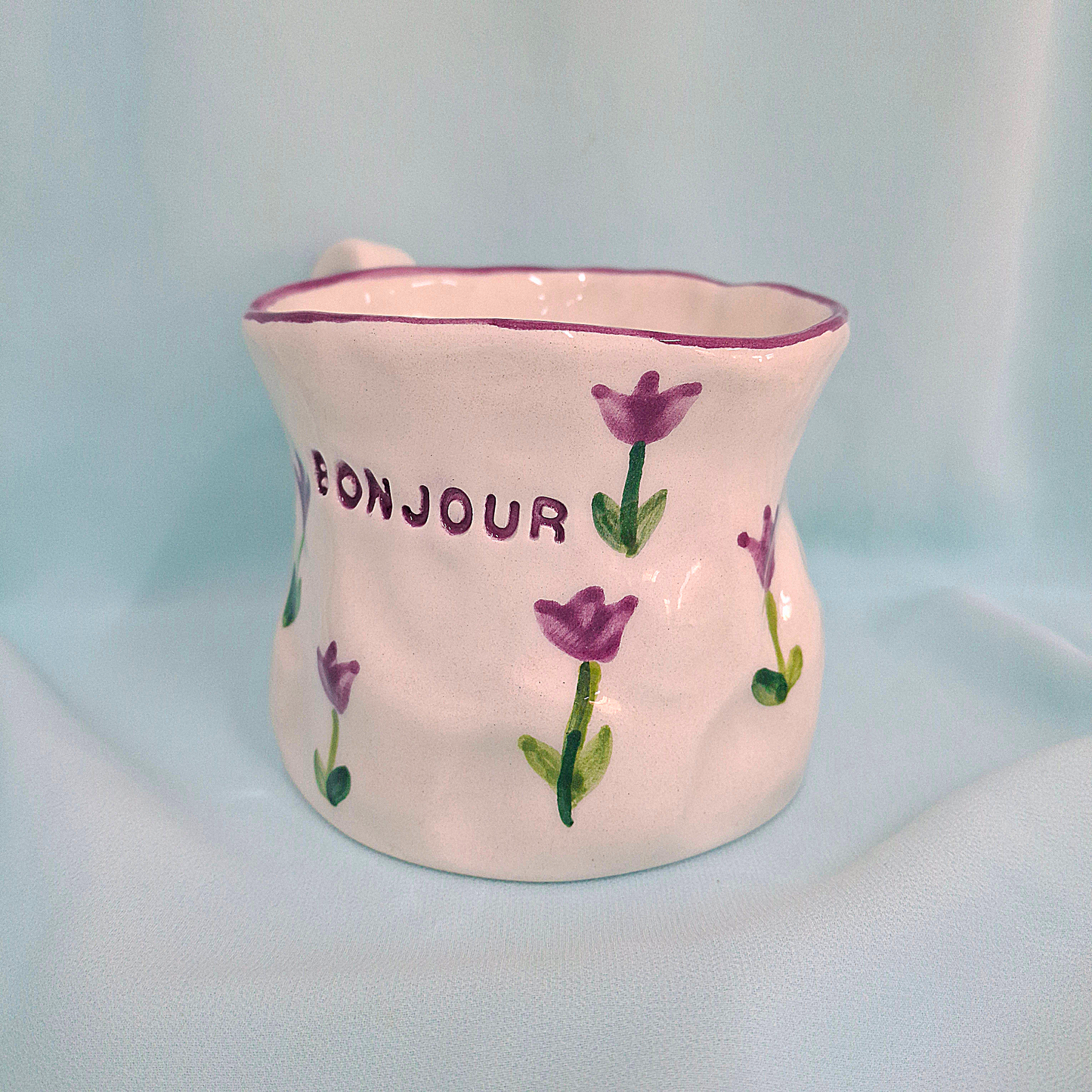 Handmade Pottery Mug . Customized Name . Purple Tulip