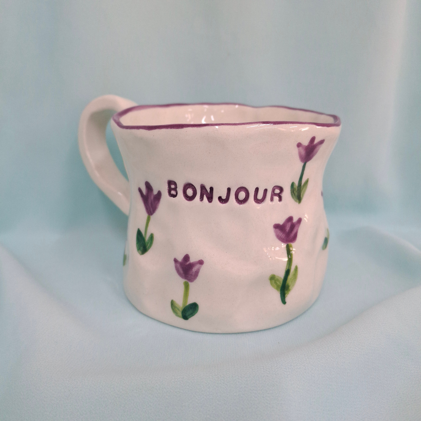 Handmade Pottery Mug . Customized Name . Purple Tulip