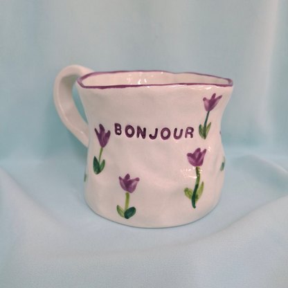 Handmade Pottery Mug . Customized Name . Purple Tulip